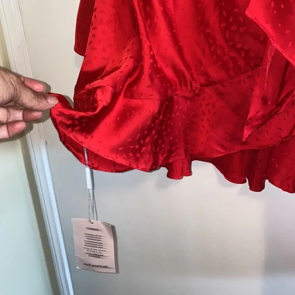 SELF-PORTRAIT Trimmed Wrap Red Dress - Picture 12 of 16